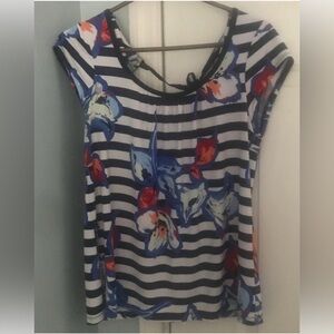 Cynthia Rowley Navy and Red Floral Striped Blouse